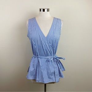 Cupio Blue White Stripe Wrap Blouse Top Women Size Medium Preppy Casual Cotton